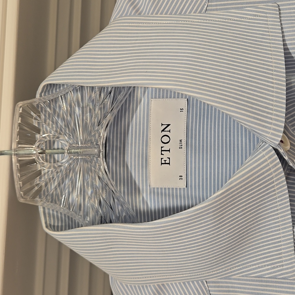 Eton slim fit dress shirt size 38 neck size 15 light blue with pinstripe